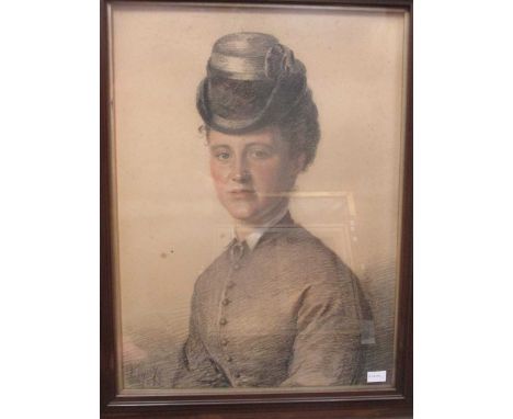 Attributed to William Percy (British, 1820-1903), Portrait of a young woman wearing a hat, signed and dated 1873, coloured ch