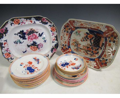 A group of English imari porcleain to include plates, slop bowls and cups