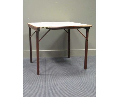 A Mudies squeezer card table with felt top and folding legs, top measures 86 x 86cm