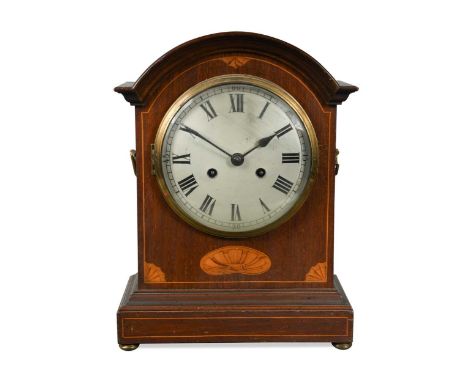 A mahogany and satinwood inlaid bracket clock, early 20th century, with arched top over 7inch dial, gong striking movement, 3