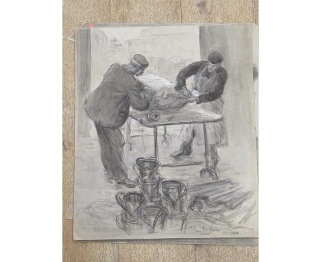 Percy F S Spence (1868 - 1933), Addressing sledge hammers and marking barrels; packing leather buckets.two monochrome pencil 