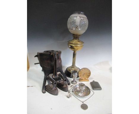 A converted brass oil lamp, late Victorian foot bellows, Ridgways blue and white childs tea set for 4 settings, 18th century 