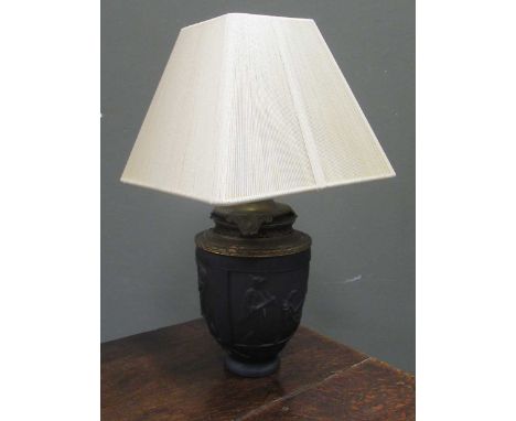 A G. de Feun black glass vase, now adapted as a lamp, 36cm high including shade