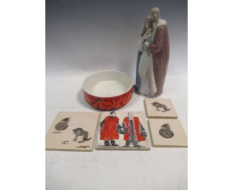 A boxed modern Lladro model of the Blessed family, together with a Poole Delphis ware bowl, three Minton tiles and another