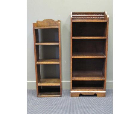 An oak four shelf bookcase, 122 x 51 x 27.5cm; another, 110 x 36 x 27.5cm (2)