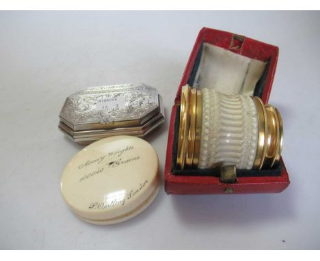 A cased one draw monocular spyglass together with a white metal snuff box and an ivory box of assay weights (3)