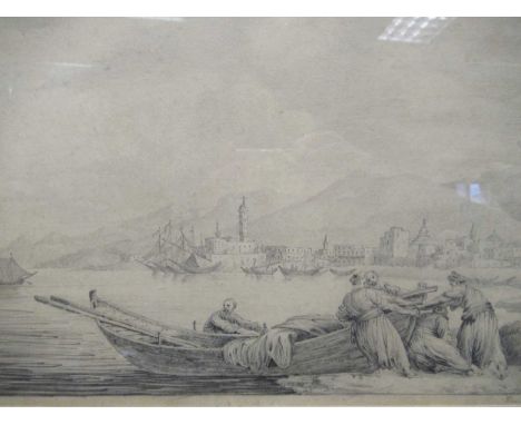 Italian School (19th century)A Mediterranean coastal scene with figures hauling a boat, dated 1833, pencil drawing, 20 x 34cm