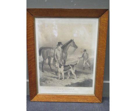 Two large Victorian maple frames, each containing a print, with print 53 x 43 cm, 65 x 45cm together with an etching printed 
