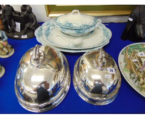 Two Alfred Meakin platters, tureen, soup ladle an two silver plated food covers (bottoms missing)