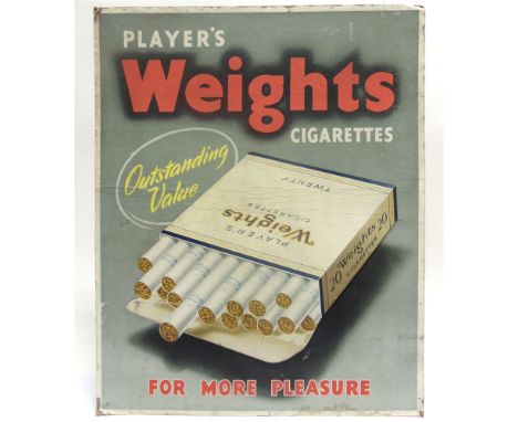 A PLAYERS WEIGHTS CIGARETTES PRINTED SHOWCARD  'Outstanding Value / For More Pleasure', depicting an open packet of cigarette