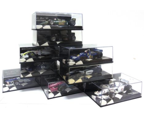 NINE 1/43 SCALE MINICHAMPS DIECAST MODEL FORMULA 1 RACING CARS  including Lotus and Tyrrell models, each mint or near mint an