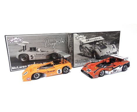 TWO 1/18 SCALE GMP DIECAST MODEL RACING CARS  comprising a No.12027, McLaren M8B High Wing, Denny Hulme, orange, racing no.5,