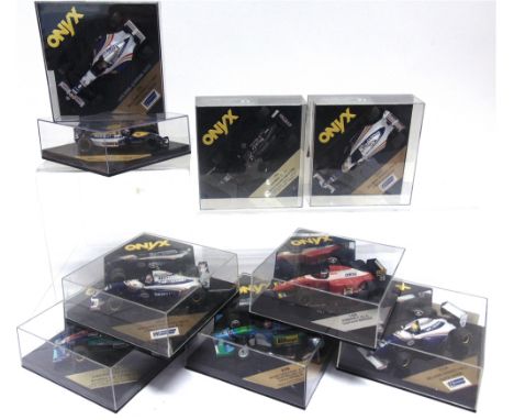 NINE 1/43 SCALE ONYX DIECAST MODEL FORMULA 1 RACING CARS  each mint or near mint and boxed. 