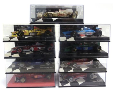 NINE 1/43 SCALE MINICHAMPS DIECAST MODEL FORMULA 1 RACING CARS  including Ferrari and Jordan models, each mint or near mint a