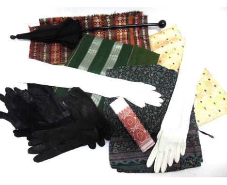 ASSORTED COSTUME &amp; TEXTILES comprising a lady's heavy wool tartan cape; a late 19th or early 20th century gentleman's flo