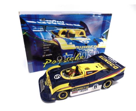 A 1/18 SCALE EXOTO PORSCHE 917-30, MARK DONOHUE  'Sunoco' blue and yellow, racing no.6, mint or near mint and boxed. 