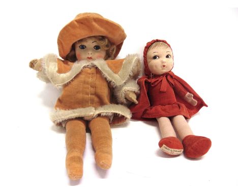 TWO CLOTH DOLLS  comprising a Chad Valley girl doll, with a crimped blonde wig, inset glass eyes and painted facial features,