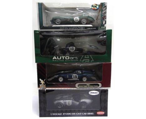 FOUR 1/18 SCALE DIECAST MODEL CARS  comprising an Auto Art Jaguar C-Type, green, racing no.18; Shelby Collectibles Aston Mart