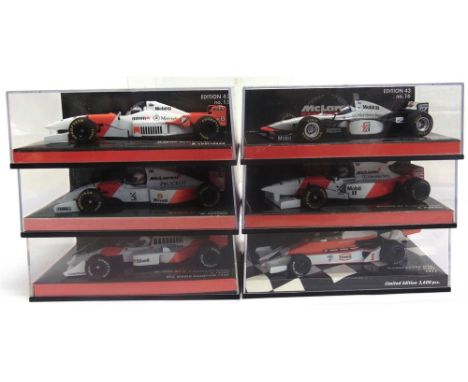 SIX 1/43 SCALE MINICHAMPS DIECAST MODEL MCLAREN FORMULA 1 RACING CARS  each mint or near mint and boxed. 