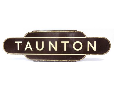 A BRITISH RAILWAYS (WESTERN REGION) ENAMEL TOTEM SIGN 'TAUNTON'  half-flanged, in generally good original condition, 91.5cm l