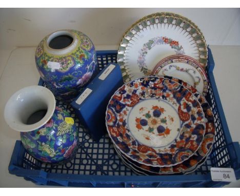 Selection of various ceramics including Imari pattern plates, oriental style vases, Victorian and later side plates, a boxed 