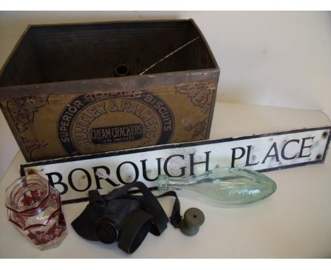 Huntley & Palmers Biscuits shop tin, selection of old bottles, knitting needles, glassware, vintage yellow metal framed spect