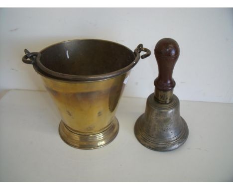 Brass swing handle pail and a vintage school type hand bell (2) 