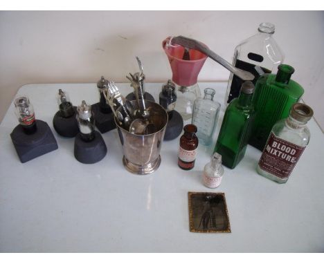 Selection of various old bottles including green glass, six mounted Marconi and other light bulbs, a selection of plated ware