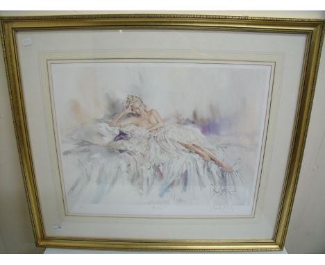 Framed and mounted signed limited edition No 269/600 print of a semi-nude lady 'Serena' by Gordon King (71cm x 82cm including
