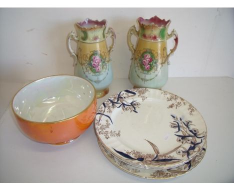 Pair of Edwardian ceramic vases, 4 large Victorian dinner plates and a Carlton wear bright orange bowl with lustre interior 