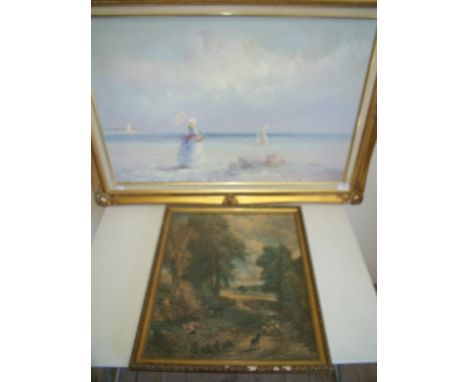 Large gilt framed oil on canvas of figures on beech scene by Millar (90cm x 65cm) and a print (2) 