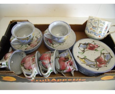 Farmers arms mug and a six place Studio Pottery cup, saucer and side plate set 