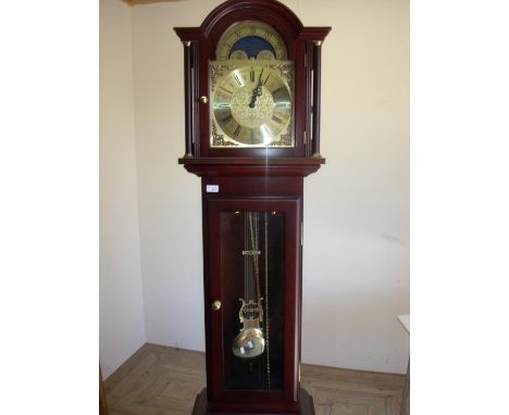 Modern mahogany cased brass moon dial chiming long case clock 