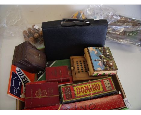 Large selection of various vintage games including dominos, a boxed Waddington's Lexicon card game, various carved wood items