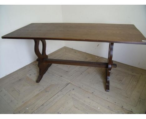 Ercol oak twin pedestal refectory table with under stretcher (length 168cm) and a set of six (5+1) dining chairs 