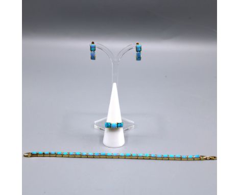 Opal Schmuckset Armband Ring Ohrstecker 585 Gold, Ring mit 5 Opalen Ø ca. 18 mm 3,8 g, Armband mit 27 Opalen ca. 19 cm 12,6 g