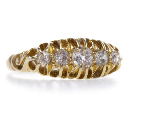 VICTORIAN DIAMOND FIVE STONE RING
the boat shaped bezel with graduated old cushion cut diamonds totalling approximately 0.22 