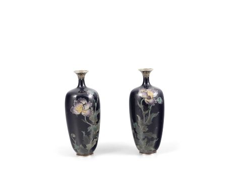 A PAIR OF JAPANESE CLOISONNÉ ENAMEL BALUSTER VASES WITH ‘PURPLE PEONY’H: 14.5cmJapan, Meiji periodOne with scratches on the b