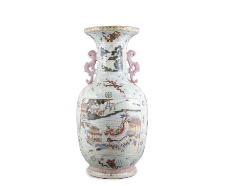 A FAMILLE ROSE ‘LANTERN FESTIVAL’ BALUSTER VASE, QIANLONG MARKED民国 乾隆款 粉彩‘赛龙舟’螭龙耳瓶China, Republic periodH: 70.8cm Condition R