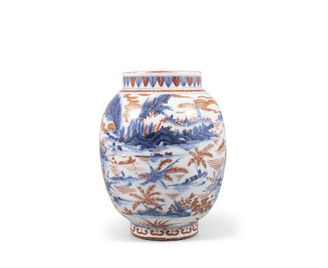 A CHINESE IMARI LANTERN VASE WITH LANDSCAPE清早 青花矾红山水纹灯笼瓶China, early Qing dynastyH: 25cm Condition Report:  - Red paint on th