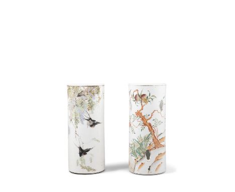 TWO QIANJIANGCAI ‘BIRDS AND FLOWERS’, PEACHES HATSTANDS, ONE MARKED DAOGUANG民國 淺降彩花鳥帽筒兩件China, Republic periodH: 28.3cm; 28.2