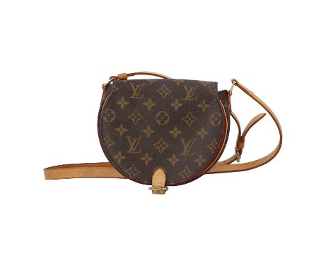 LOUIS VUITTON Umhängetasche "TAMBOURINE". Monogram Canvas Serie mit goldfarbener Hardware und Details aus naturbelassenem Led