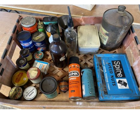 A tray of assorted oil cans etc. including two unopened Esso pint tins.