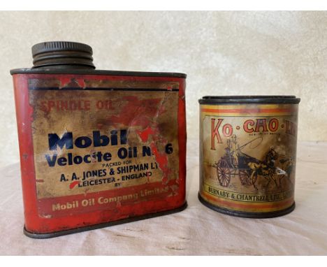 An unusual Mobil Velocite Oil No.6 can with paper label, bearing the flying pegasus motif, packed for A.A. Jones & Shipman Lt