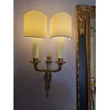 A pair of antiqued brass wall appliques twin arm complete with shade 40cm ( Loc RM. 326)
