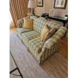 Georgian Chippendale style Donghia camel back sofa hardwood frame upholstered in caramel