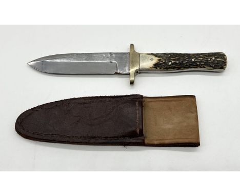 A Joseph Rodgers hunting knife with leather sheath and antler handle - length of blade 12cm