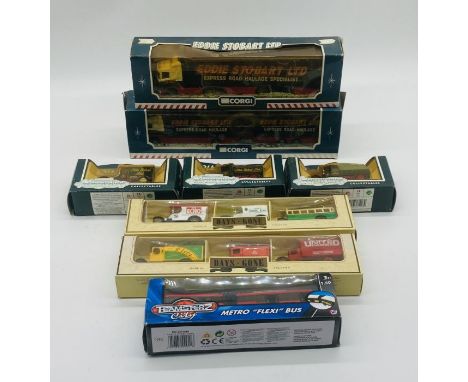 A small collection of boxed die-cast vehicles including five Corgi Eddie Stobart Ltd lorries and vans, two Lledo Days Gone tr
