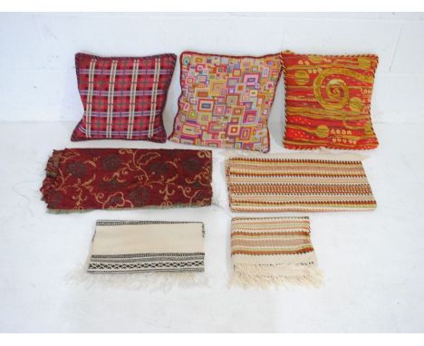 A quantity of vintage Norwegian table runners along with tapestried cushions and fabrics etc.