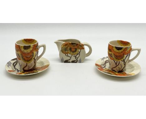 Two Clarice Cliff Bizarre 'Rhodanthe' Lynton cup and saucers along with a milk jug 